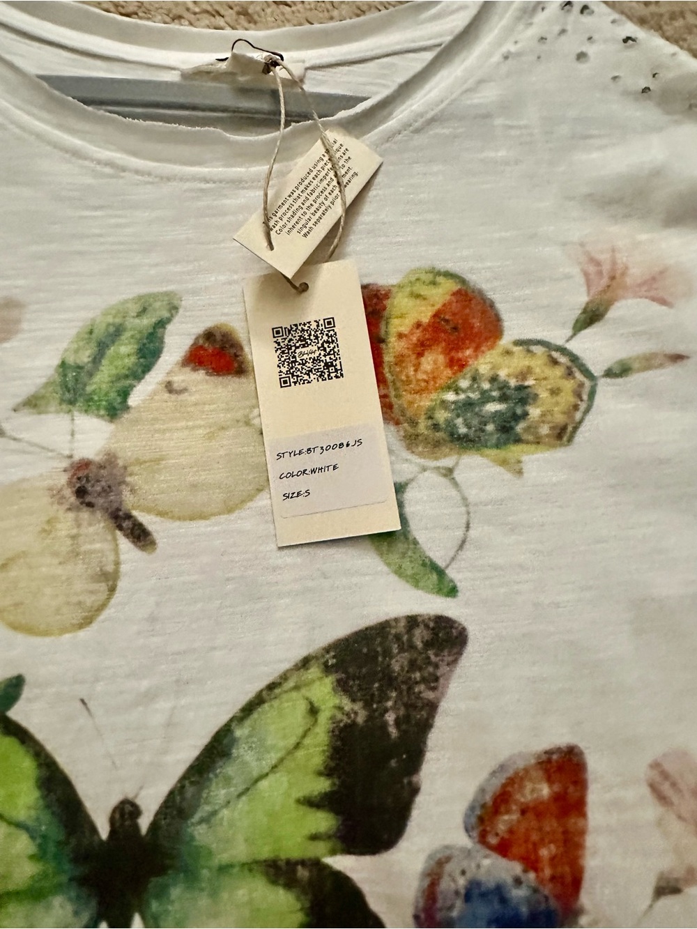 NWT White Floral Butterfly Ruffle-Sleeve Tee-S - Picture 5 of 7